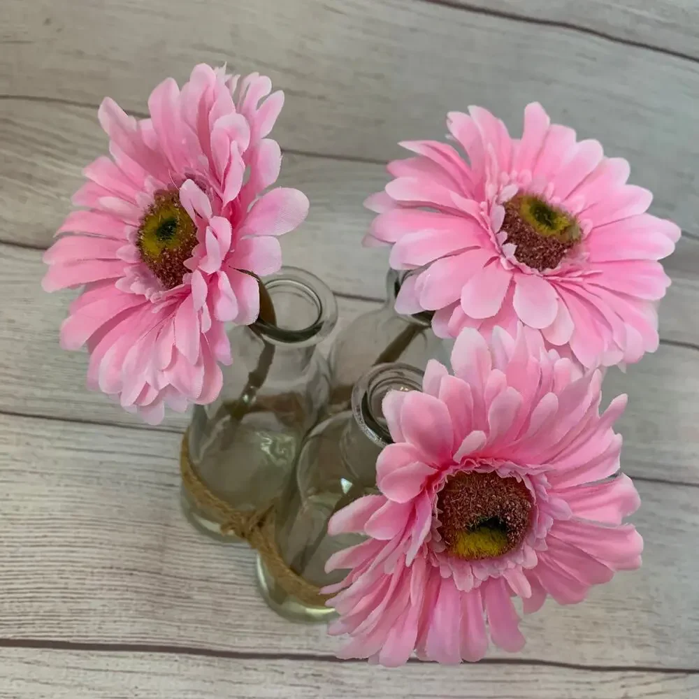 Artificial Pink Gerbera Daisies in Bottles and Twine String Faux Glued Water 9